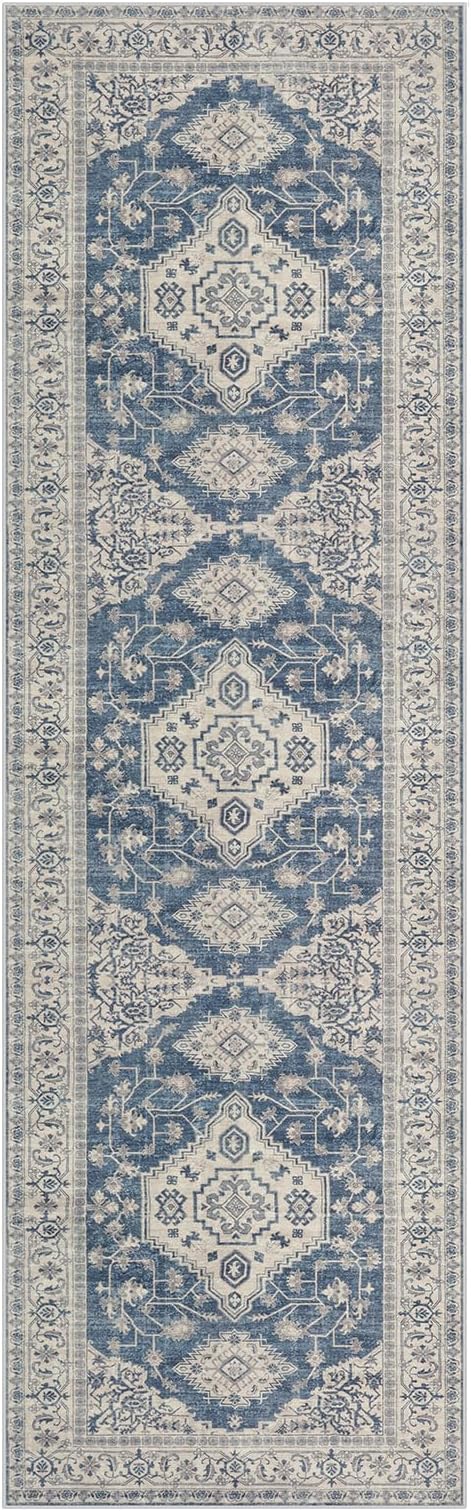 Lahome Oriental Washable Runner Rug Non Slip, 2x7 Rug Runners for Hallways Kitchen, Ultra-Thin Hallway Rugs for Laundry Room Bathroom Bedroom, Blue