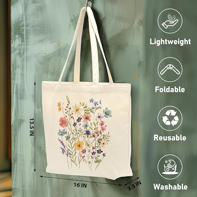 Aesthetic Floral Canvas Tote Bag for Women with Pocket, Tote Bags for Grocery Shopping Travel Christmas Birthday