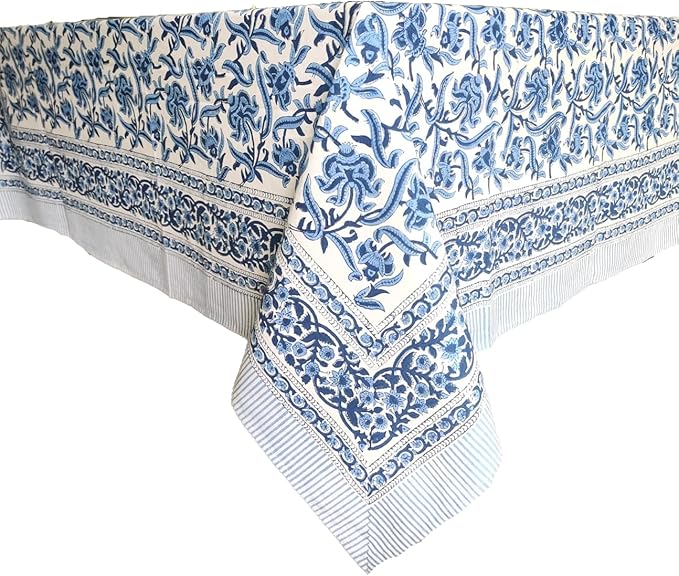 ATOSII Midnight Bloom 100% Cotton Spring Summer Tablecloth, Hand Block Print Rectangle Table Cover for Kitchen Dining Linen I Parties, Outdoors, Wedding, Easter I 72 X 108 Inches I 8 Seater