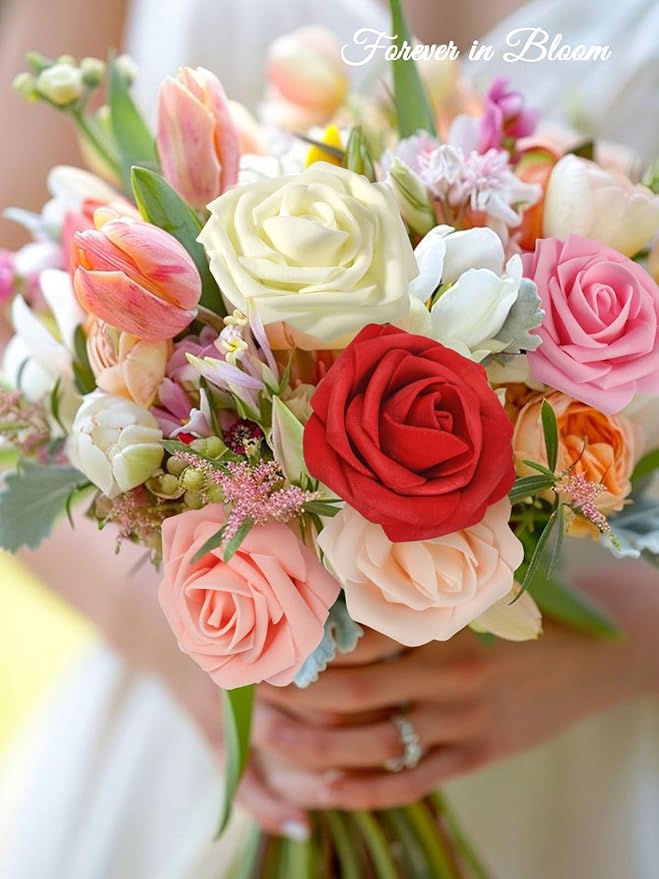 MACTING Artificial Rose Flowers 30PCS Fake Flowers with Stem Real Touch Soft Foam Rose for Valentines Day Gifts Wedding Bouquet Baby Shower Table Centerpieces Spring Decorations,Gradual Red Series