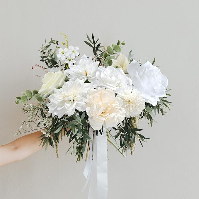 Artificial Flowers Combo Box, Fake Silk Foam Flower Mix with Wire Stem, DIY Wedding Bridal Bouquet Shower Party Home Décor (30-40 Pieces) (White)