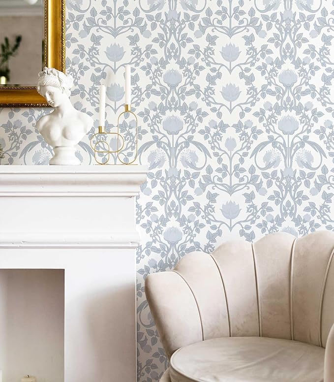 17.3"×78.7" Blue Floral Peel and Stick Wallpaper, Damask Vintage Wallpaper for Bedroom Bathroom Self Adhesive Removable