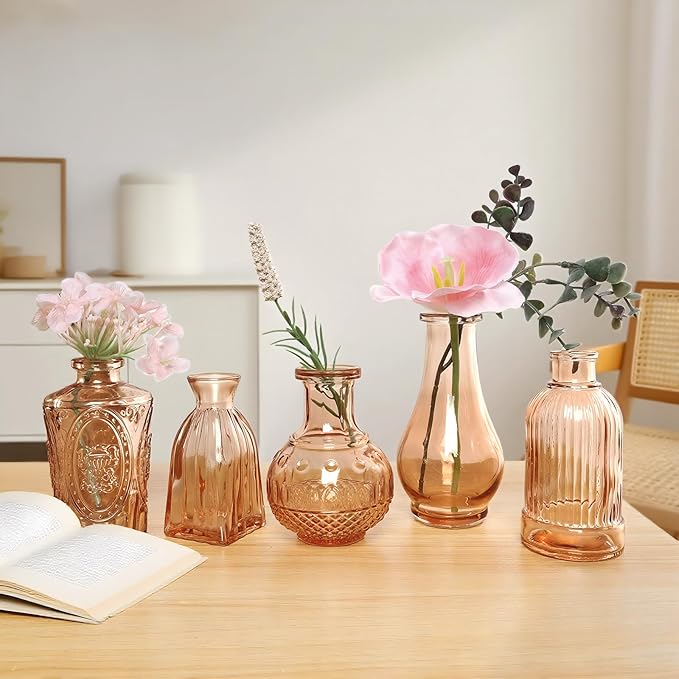 Amber Glass Vase Set of 12, Clear Bud Vases in Bulk, Mini Vases for Flowers, Small Flower Vases for Centerpieces, Vintage Decorative Embossed Vase for Home Decor, Wedding Table Decoration