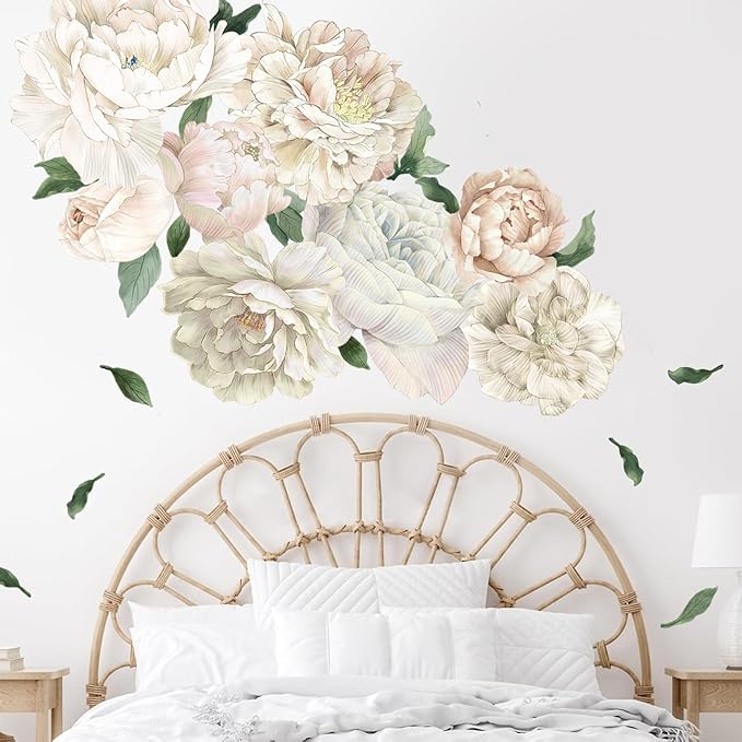 Romantic White Peony Wall Decals, Large Flower Vinyl Wall Art for Nursery & Wedding Decor, Botanical Stickers for Bedroom, Blush Floral Decal