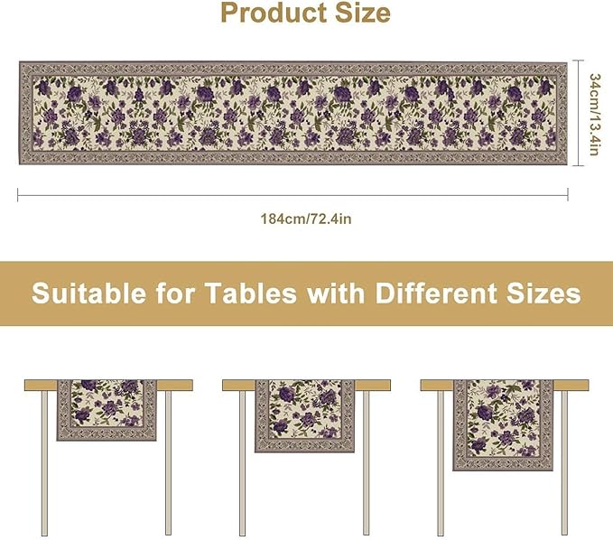 Vintage Floral Table Runner, Elegant Purple Flowers Retro Design Table Runner for Kitchen Dining Holiday Party Decoration, 13x120 Inch