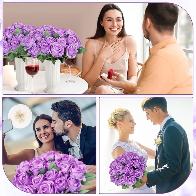 80 Pcs Roses Artificial Flowers, Silk Light Purple Artificial Flowers Petals Long Stem Roses for Wedding Bouquet Home Party Decor