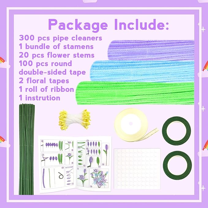 ZEIZHUBN 300 Pieces Pipe Cleaners, Pipe Cleaners Flower Bouquet Kit, Flower Making Kit with Floral Wires Tape, Art and Craft Supplies Projects DIY Decoration Holiday Party Birthday Gifts