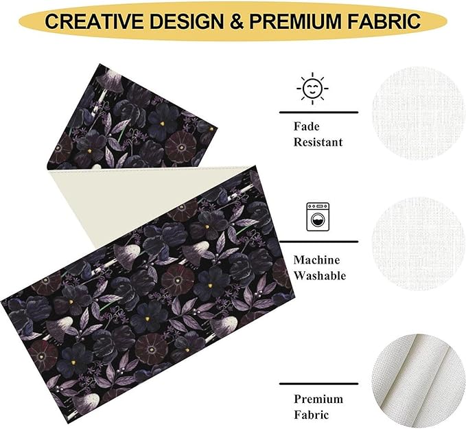 Gothic Floral Table Runner, Dark Purple Vintage Garden Flower Witchy Mushroom Farmhouse Coffee Table Center Decor for Home Kitchen Dining Patio Holiday Party Table Decorations 13x90 inches