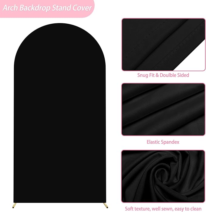 Putros 6.6ft Metal Arch Stand with Cover Black Spandex Fitted Wedding Arch Cover and Round Top Chiara Backdrop Stand Set for Birthday Party Baby Shower Decoration