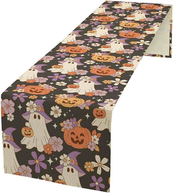 Halloween Table Runner ,Cute Ghost Pumpkin Pattern Table Runner for Home Kitchen Table Dining Garden Farmhouse Wedding Party Decor 13x60 Inch