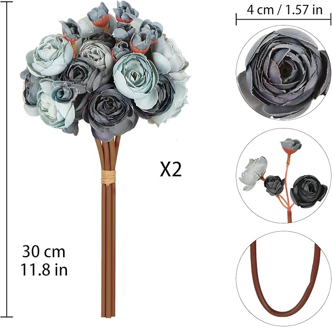 IPOPU Dusty Blue Ranunculus Artificial Flowers 2Bouquets Realistic Silk Flowers 12PCS Mini Fake Flowers for DIY Wedding Bouquet Bridal Shower Decorations Blue Flowers Centerpieces (Dusty Blue)