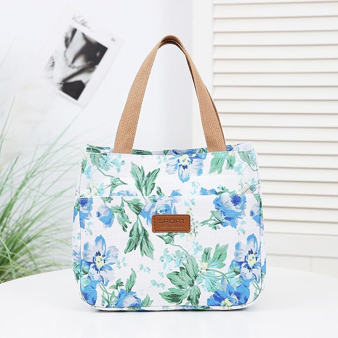 Dreubea Women's Floral Print Canvas Tote Bag - Small Reusable Shopping Handbag for Groceries, Takeout, Eco-Friendly Purse