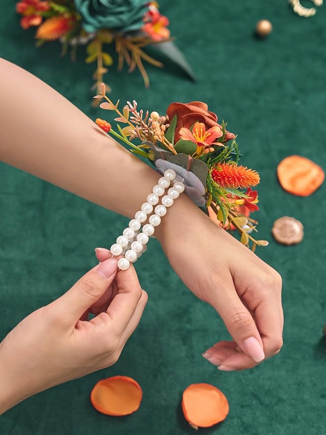 Serwalin Teal Orange Wrist Corsage and Boutonniere Set 2pcs, 6-7inch Boutonniere for Men, Corsage Wristlet Wristband Prom Flower Wedding Flowers Accessories Prom Suit Decorations