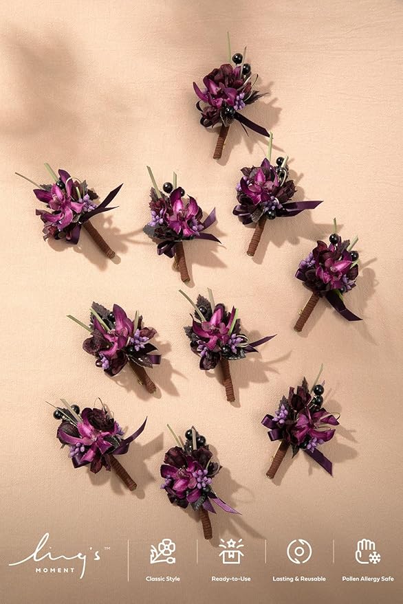 Ling's Moment Boutonniere for Men, 10pcs Groomsmen Guest Boutonniere, Artificial Flowers for Wedding Décor/Prom/Homecoming,etc.Deep Purple