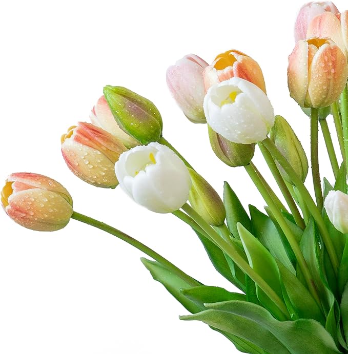 40pcs Artificial Tulips Flowers, Real Touch Latex Bouquet, Fake Tulips for Office Wedding Party Home Kitchen Garden Decoration-B Champagne