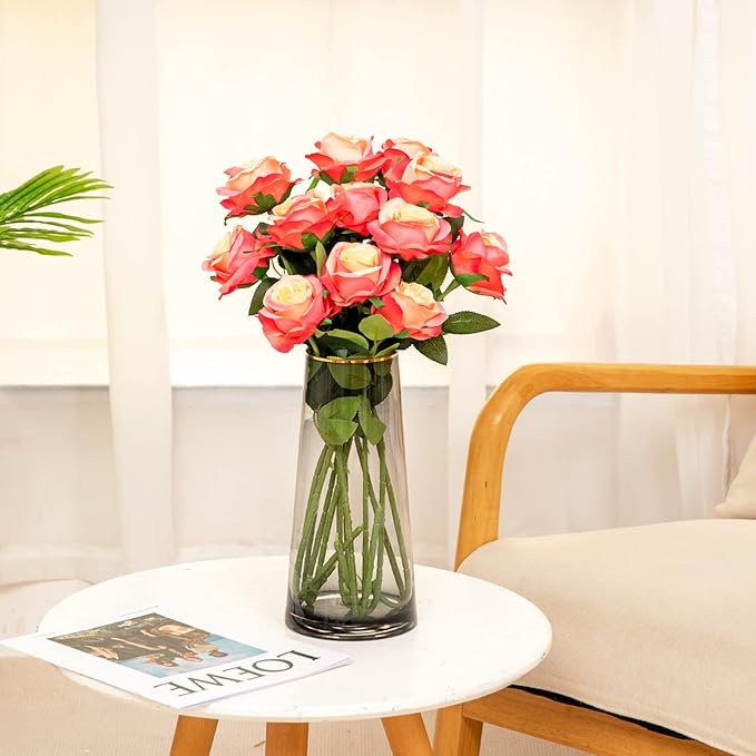 Hawesome 12PCS Artificial Silk Flowers Realistic Roses Bouquet Long Stem for Home Wedding Decoration Party (Gradient Dark Pink)