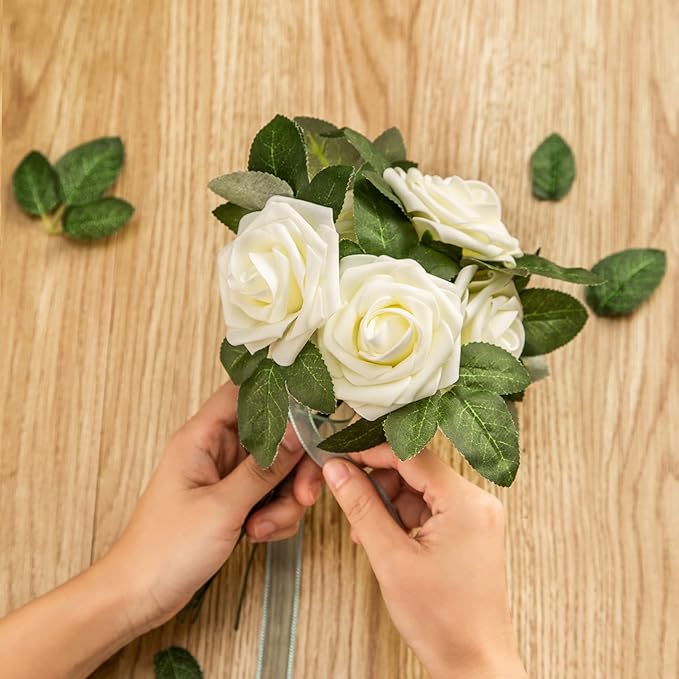Artificial Flower Foam Rose 25pcs Real Looking Fake Rose with Stems Leaves for Home Decoration Party Garden Centerpieces DIY Wedding Bouquets（Ivory White）