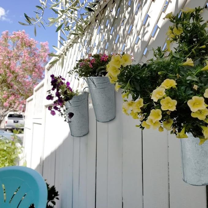 5 Packs 9.8 Inch, Galvanized Metal Vases with Handles, Rustic Tall Flower Buckets for Cut Flowers, Country Wedding, Table Centerpiece Decorations, Vintage Style Flower Containers