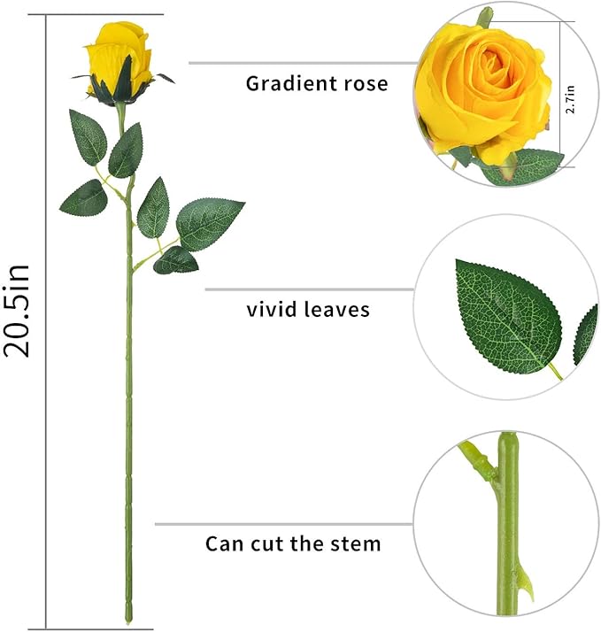 Flojery 10pcs Artificial Rose Flowers Long Stem Fake Silk Roses for DIY Wedding Bouquet Table Centerpiece Home Decor (Yellow)