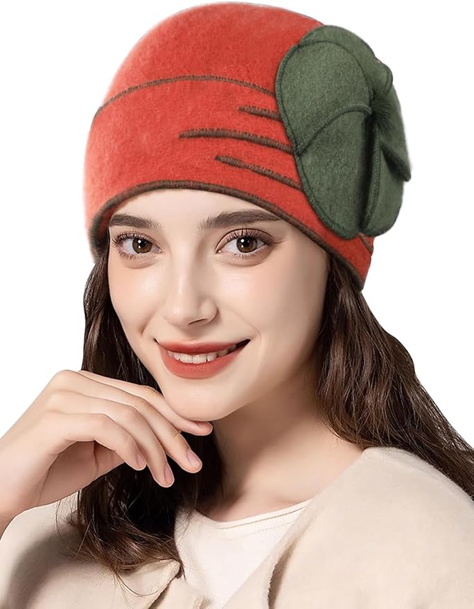 Sumolux Beanie Hats for Women Wool Skull Cap Beret Floral Cuffed French Vintage Dress Cloche Classic Winter 1920s