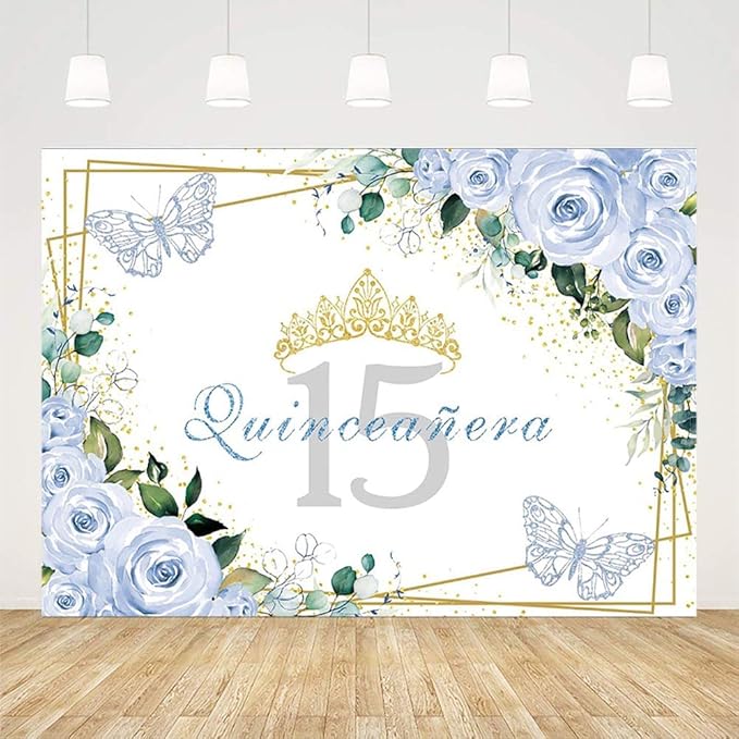 SENDY 8x6ft Quinceañera Backdrop Mis Quince 15 Anos Birthday Party Decoration Supplies for Girl Princess Blue Floral Butterfly Golden Crown Photography Background Banner Photo Booth Studio Props