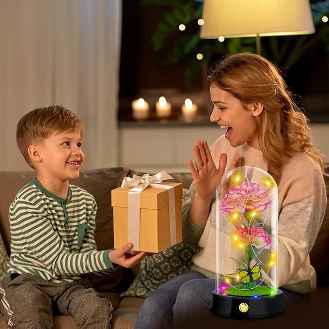 QUELIEN Christmas Carnation Flowers Gifts for Mom,Pink Artificial Carnation in Glass Dome with Led Light for Mother's Day,Birthday,Christmas