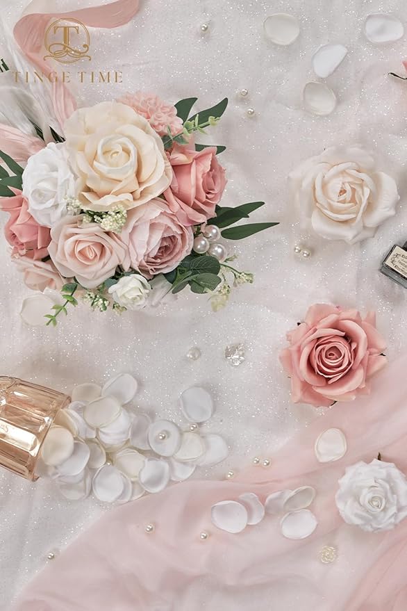 TINGE TIME Artificial Flowers Combo Mix Silk Flowers Pink Roses w/stem for DIY Wedding Bridal Bouquets Baby Shower Floral Arrangement Table Centerpieces Home Decorations (Dusty Rose & Champange)