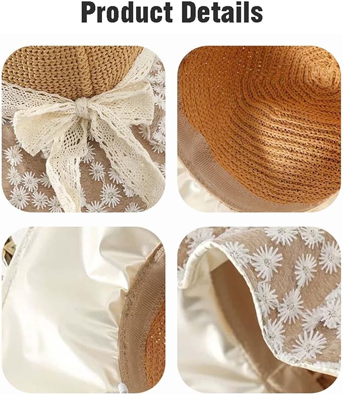 Women's Sun Shade Hat UPF 50+ - Foldable Straw Beach Cap with Lace Bow, Breathable Summer Travel Hat for Women