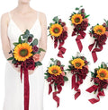 Ling's moment Artificial Flowers Sunflower Bridesmaid Bouquet Set of 6, Burgundy & Sunflower Wedding Flowers Bouquets for Bridesmaids, 7 Inch Bridal Bouquets for Bridesmaids, Wedding, etc
