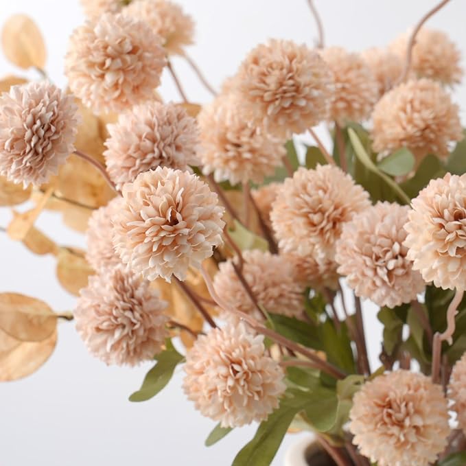 Real-Touch Faux Silk Mums Bouquet, Bendable Long Stems, Full & Realistic Artificial Flower Arrangement for Vase, Table, Wedding & Wreath Décor, Beige(No Vase) (Beige)