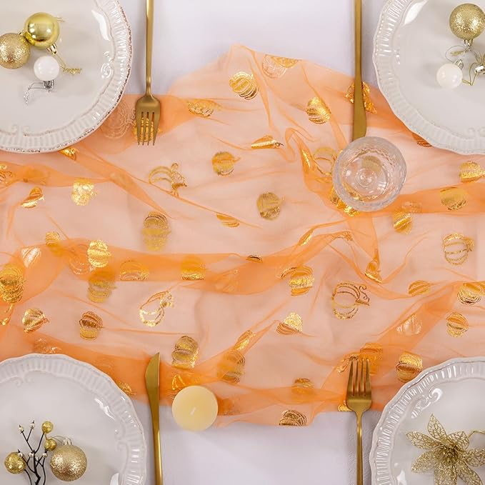 Socomi Gold Table Runner Fall Pumpkin Gauze Sheer Chiffon Cheesecloth Sequin 10FT Glitter Metallic Foil Dining Wedding Birthday Party Baby Shower Holiday Centerpiece Table Decor 3pcs Orange
