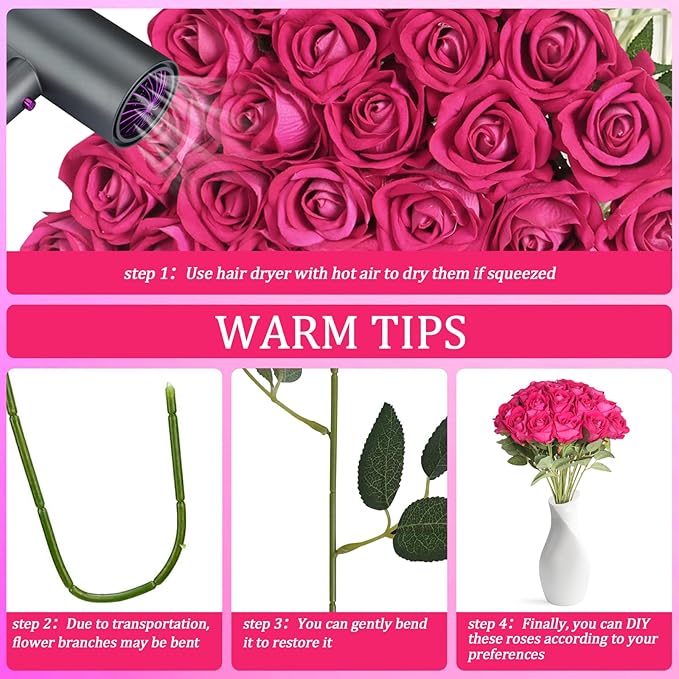 30pcs Silk Roses Artificial Flowers Hot Pink Fake Rose with Long Stem for Arrangement Wedding Party Home Decoration