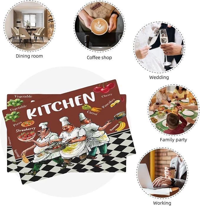Chef Kitchen Linen Placemats Set of 6 Funny Fat Chef Cooking Theme Placemats for Indoor Outdoor Party Home Desktop Dining Room Decor 12x18 Inch