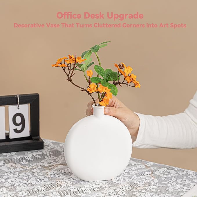 White Ceramic Flat Vase - 6.2" Unique Flower Vase for Pampas Grass & Centerpieces, Decorative Boho/Farmhouse Vase for Living Room, Office Desk & Housewarming Gift (for Her/Yourself)