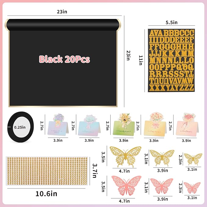 BESUPERT 52Pcs Flower Bouquet Wrapping Paper Kit, 20 Sheets Black Waterproof Floral Wrapping Paper, 1 Letter 1 Rhinestone Sticker, 12 Gold 12 Pink Butterflies, 5 Cards, 1 Black Ribbon (Gold Edge)