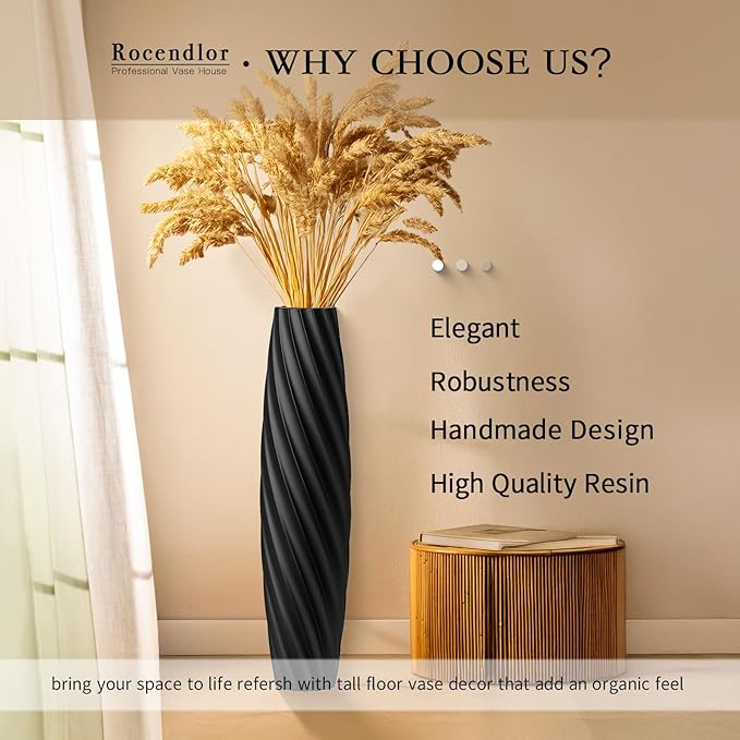 Tall Floor Vase, 23.6 inches Tall Vases Sturdy, Luxury, Textured for Decorative Branches Dried Flowers, Floor Vase for Rustic, Living Room, Shelf Decor (Black)