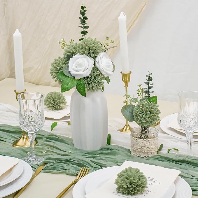 Artificial Flowers, 25pcs Sage Green Artificial Rose for DIY Wedding Bouquets Centerpieces Arrangements, Sage Green and White Dahlia Flowers with Stem for Bridal Shower Party Home Decorations