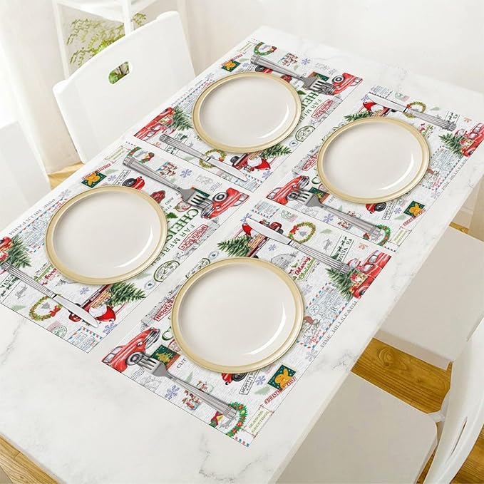 Christmas Placemats Simple Rustic Christmas Tree Red Gnome Truck Christmas Bells Gifts Wreath Snowman Greeting Card Placemats Table Kitchen Dining Party 12x18 Inch Set of 6