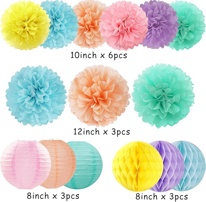 Pastel Paper Flowers Tissue Pom Poms Honeycomb Lanterns 15pcs Party Decorations for Rainbow Colorful Macaron Ice Cream Birthday Baby Shower Easter Carnival Wedding Hanging Supplies Mprocherify