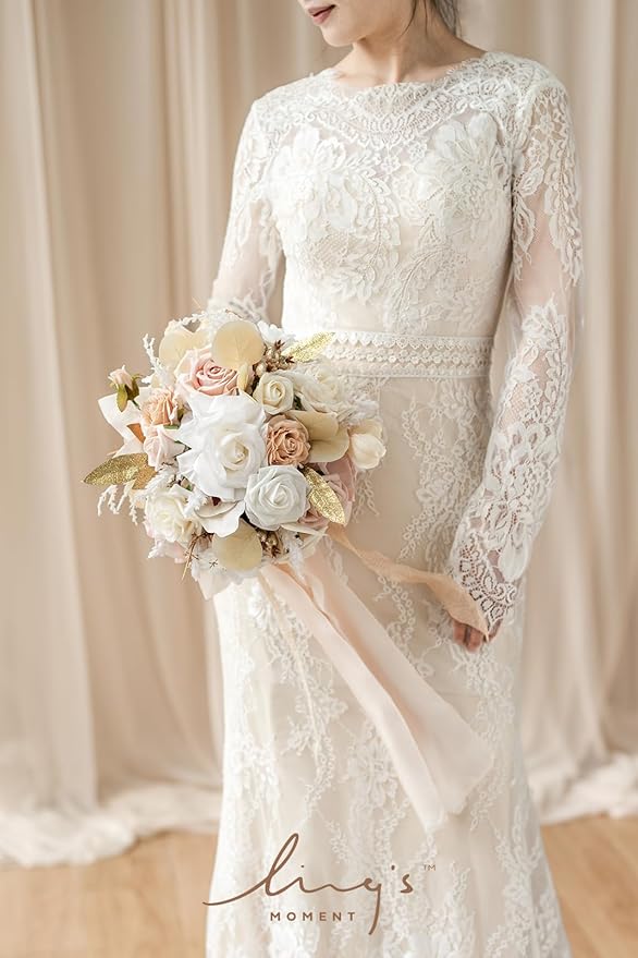 Ling's moment Boho Bridal Bouquet for Bride, Rustic Wedding Bouquets for Bride, 13 Inch Beige Nude Silk Round Artificial Wedding Flowers Bouquets