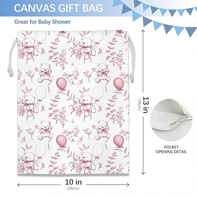 DSHFG Light Pink Bear Birthday Drawstring Gift Wrap Bags, Chinoiserie Animals Baby Shower Drawstring Gift Bags Canvas, Cute Bear Pink and White Small Happy Birthday Bag, 10x13 Inch