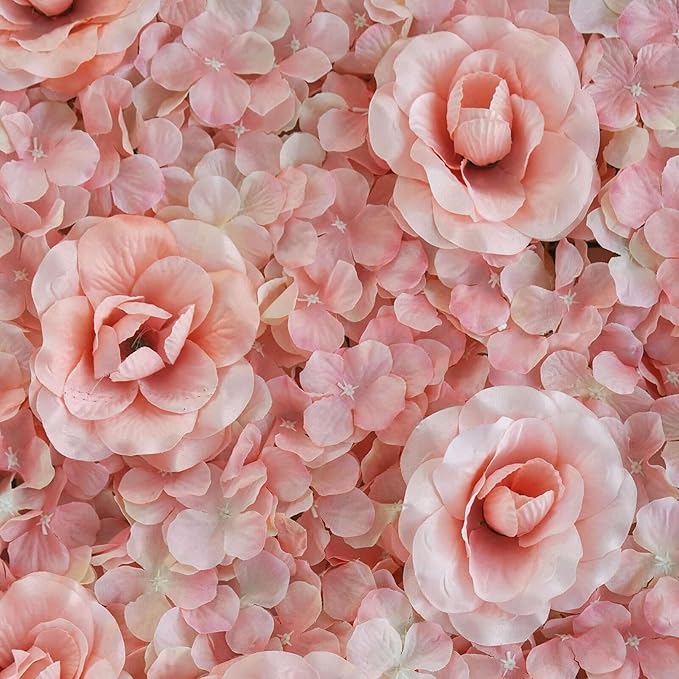 Efavormart 4 Pack 11 Sq ft. UV Protected Blush 3D Silk Rose & Hydrangea Flower Panel Wall Mat for DIY Party Centerpieces Decor