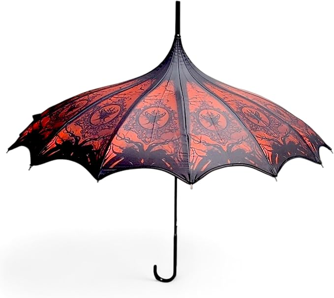 Pagoda Umbrella - Artisan Design with Bat Wing Scalloped Edges, Full Size Waterproof Windproof UV Protection Gothic Parasol with Carry Case