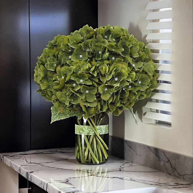 2Bouquets Artificial Fake Flowers Plants Silk Hydrangea Arrangements Wedding Bouquets Decorations Plastic Floral Home Kitchen Garden Party Festival Bar DIY(Olive Green,5 Flower Heads)