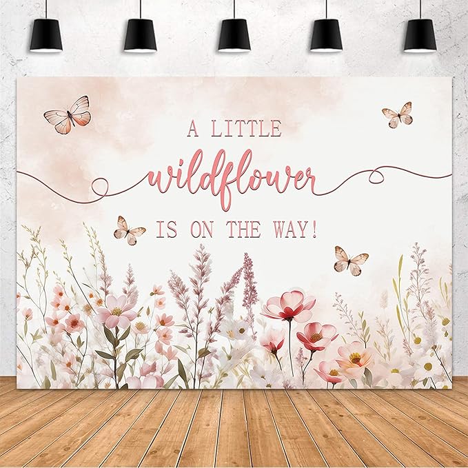 MEHOFOND 7x5ft Baby Shower Backdrop Pink Watercolor A Little Wildflower is On The Way Baby Shower Party Decorations Butterfly Theme Girl Banner Photography Background Props