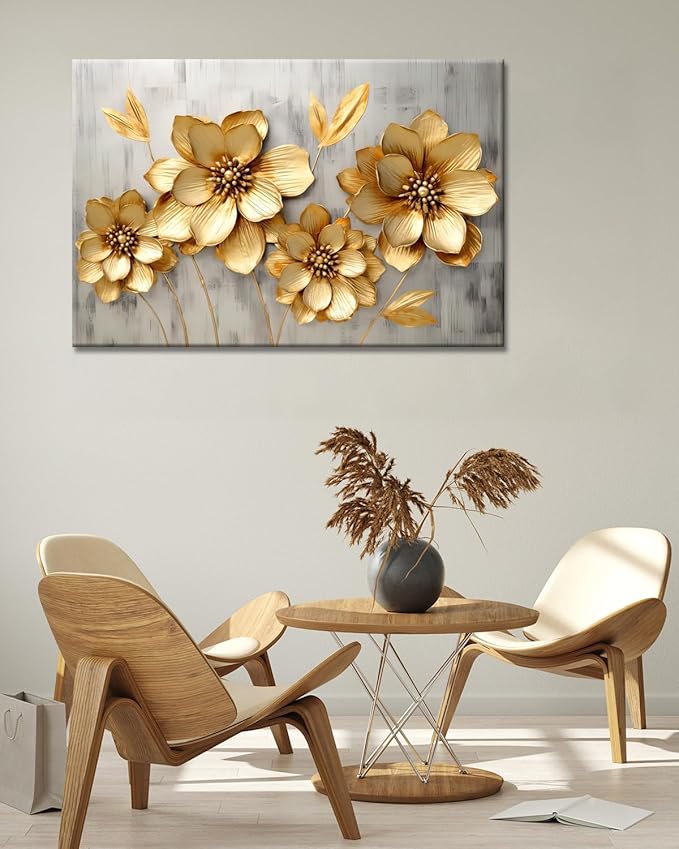 GLOKAKA Gold Metallic Flowers Print Wall Art Elegant Floral Flower Canvas on Grey Background Painting Picture Artwork for Living Room Bedroom Bathroom Decor (Gold Metallic Flowers, 36"x24")