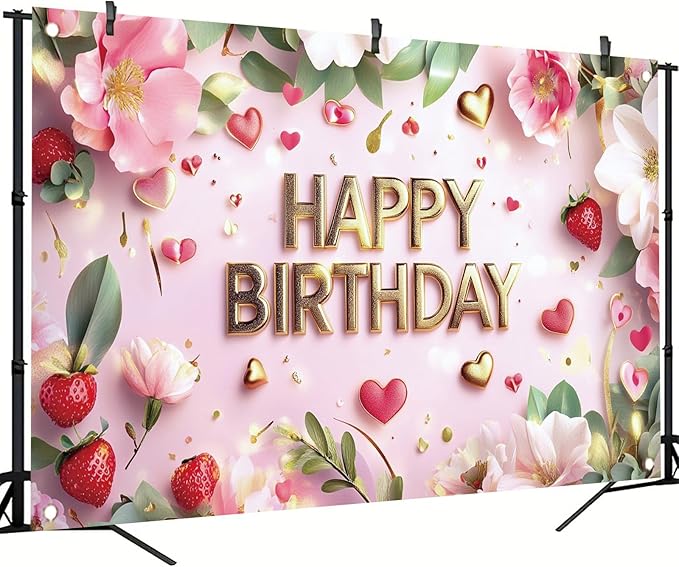 Pink Happy Birthday Backdrop Banner Gold Floral Heart Strawberry Design Photography Background Girls Birthday Party Decorations Photo Booth Supplies 71x43 Inch