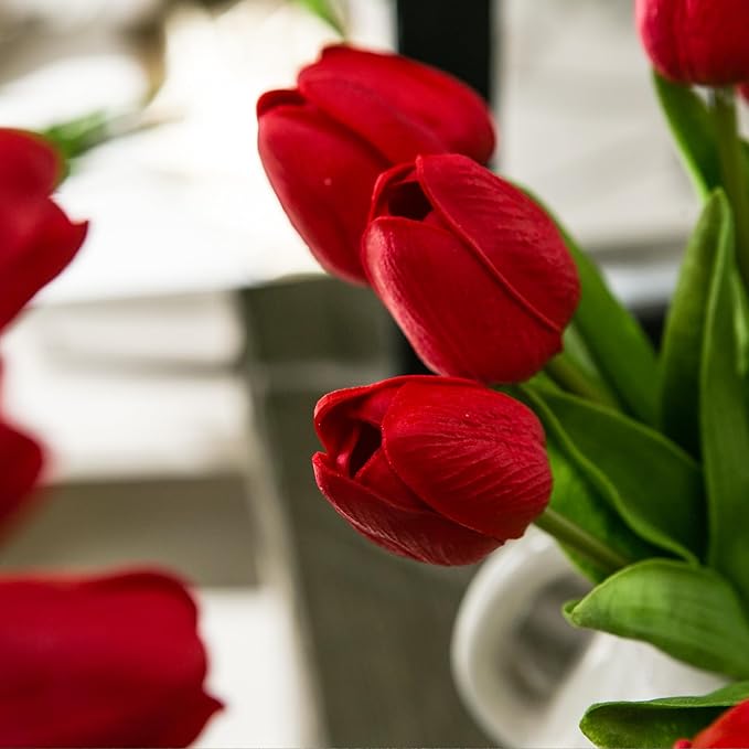 20pcs Red Artificial Tulip Flowers, Silk Fake Flowers 13" for Mother's Day, Easter, Valentine’s Day Gifts in Bulk, Home, Kitchen, Wedding Decorations