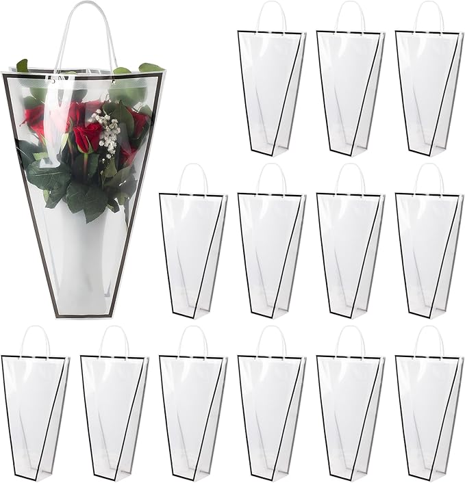 14 Reusable Floral Vase Bag for Bouquets - Portable Flower Bouquet Bags with Ventilation Holes and Ergonomic Handles, Gift-Ready, Tuxedo Black