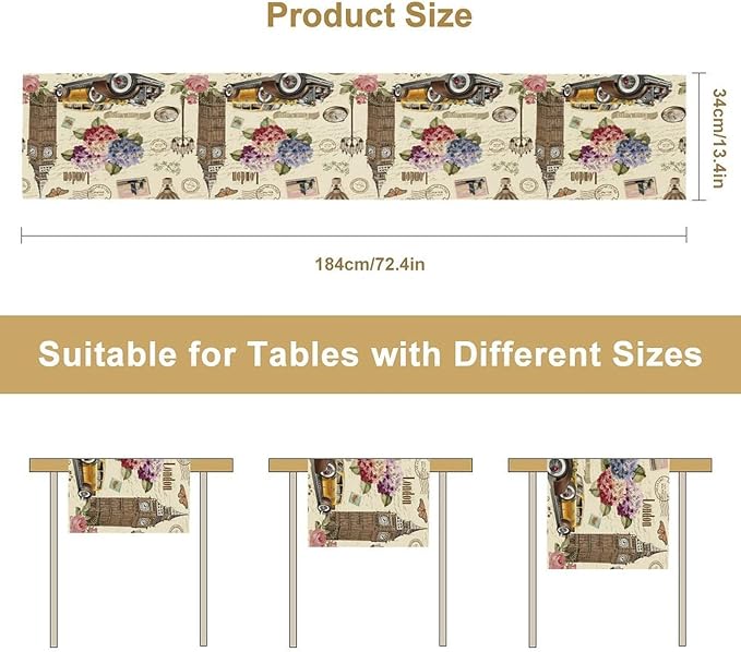 British Table Runner, Seasonal Vintage Floral England London Culture Element Coffee Table Center Decor for Home Kitchen Dining Patio Holiday Party Table Decorations 13x90 inches